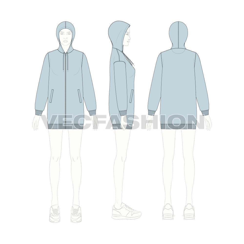 Womens long length front open hoodie flat sketch, croqui sketch