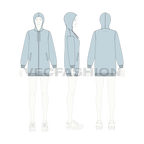 Womens long length front open hoodie flat sketch, croqui sketch