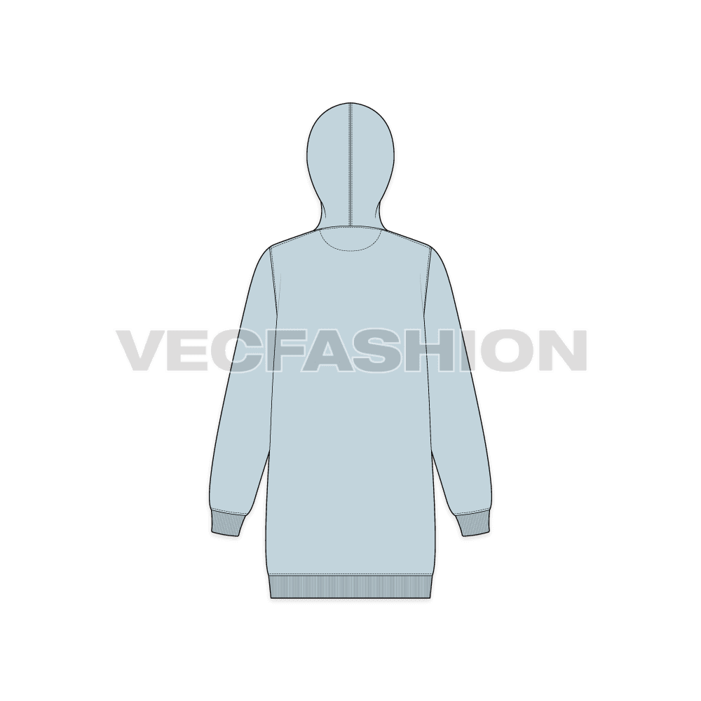 Womens long length front open hoodie flat sketch, back view