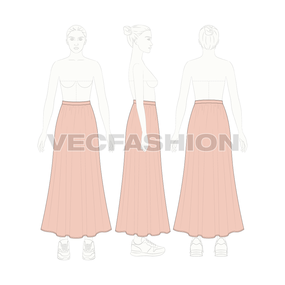 Womens long length gathered skirt flat sketch, croqui sketch