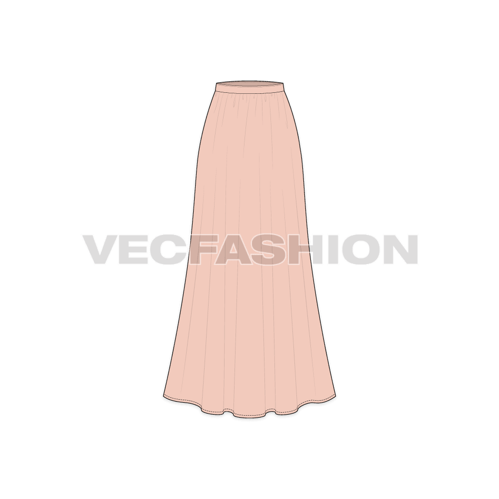 Womens long length gathered skirt flat sketch, front view