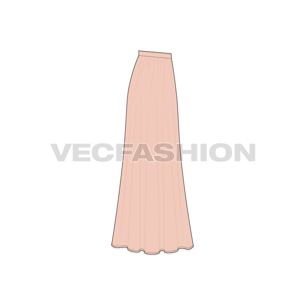 Womens long length gathered skirt flat sketch, side view