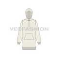 Womens long length pullover hoodie flat sketch, front view