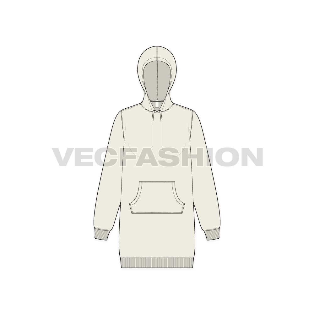 Womens long length pullover hoodie flat sketch, front view