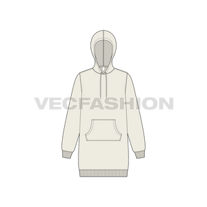 A vector illustrator sketch template of Women's Long Length Pullover Hoodie. It is illustrated with Front, Side and Back view. It has a kangaroo pocket on front and have ribbed cuffs on sleeve and bottom hem