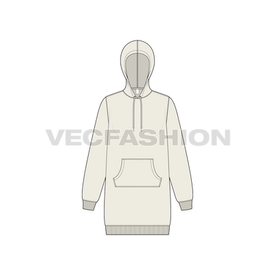 A vector illustrator sketch template of Women's Long Length Pullover Hoodie. It is illustrated with Front, Side and Back view. It has a kangaroo pocket on front and have ribbed cuffs on sleeve and bottom hem