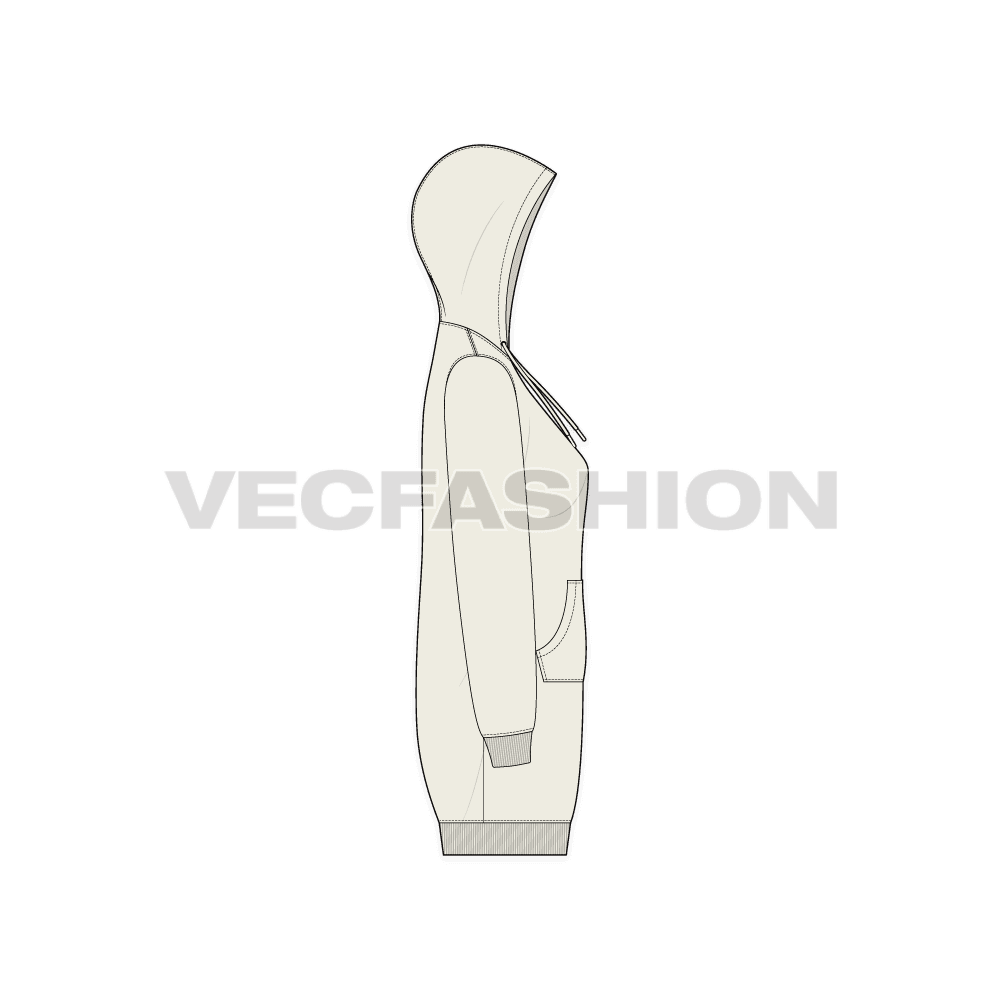 Womens long length pullover hoodie flat sketch, side view