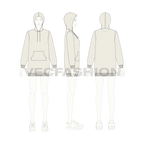 Womens long length pullover hoodie flat sketch, croqui sketch