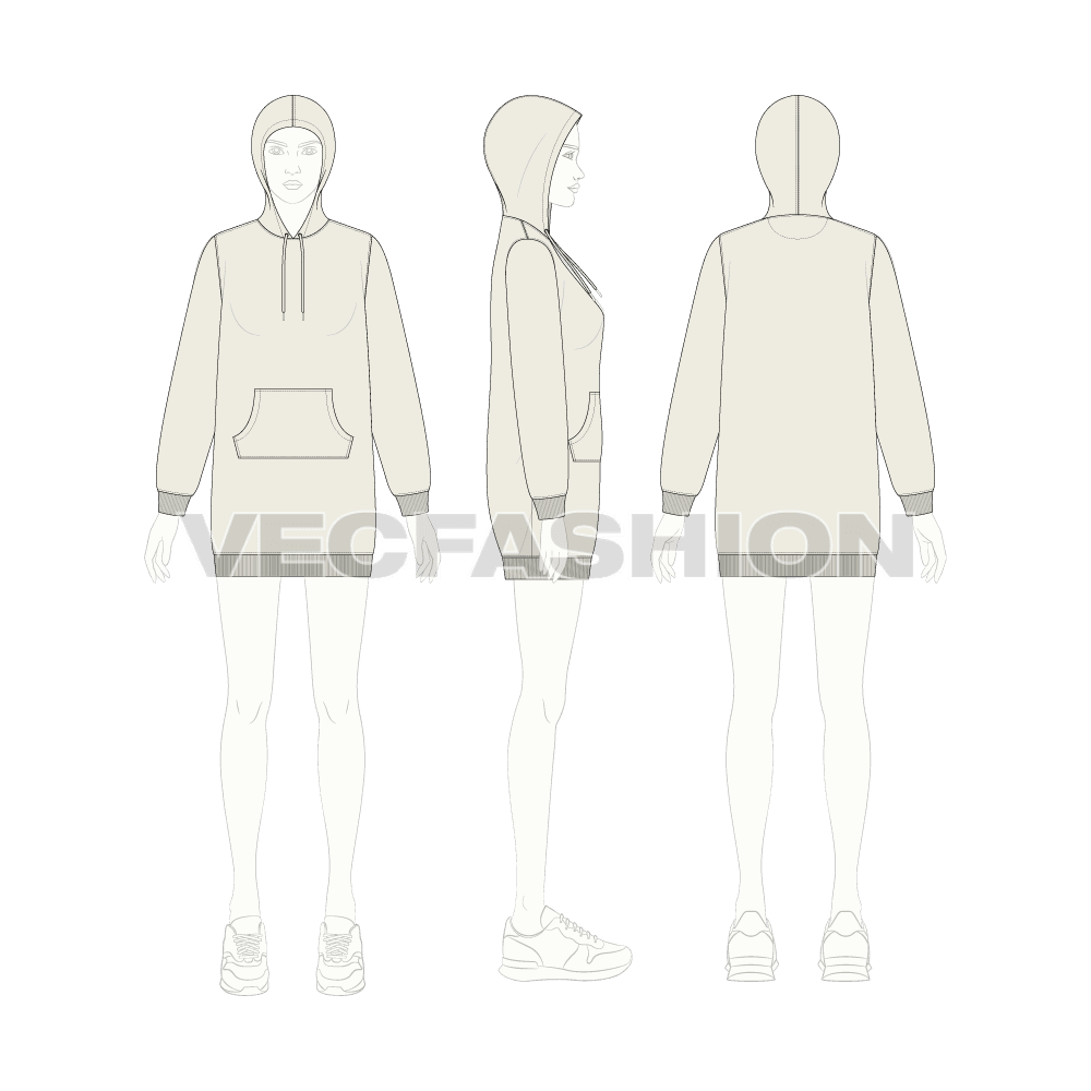 Womens long length pullover hoodie flat sketch, croqui sketch