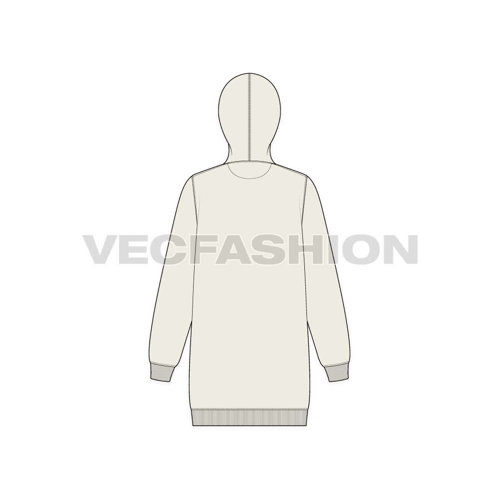 Womens long length pullover hoodie flat sketch, back view