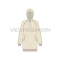 Womens long length raglan sleeve hoodie flat sketch, front view