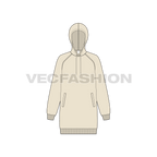 Womens long length raglan sleeve hoodie flat sketch, front view