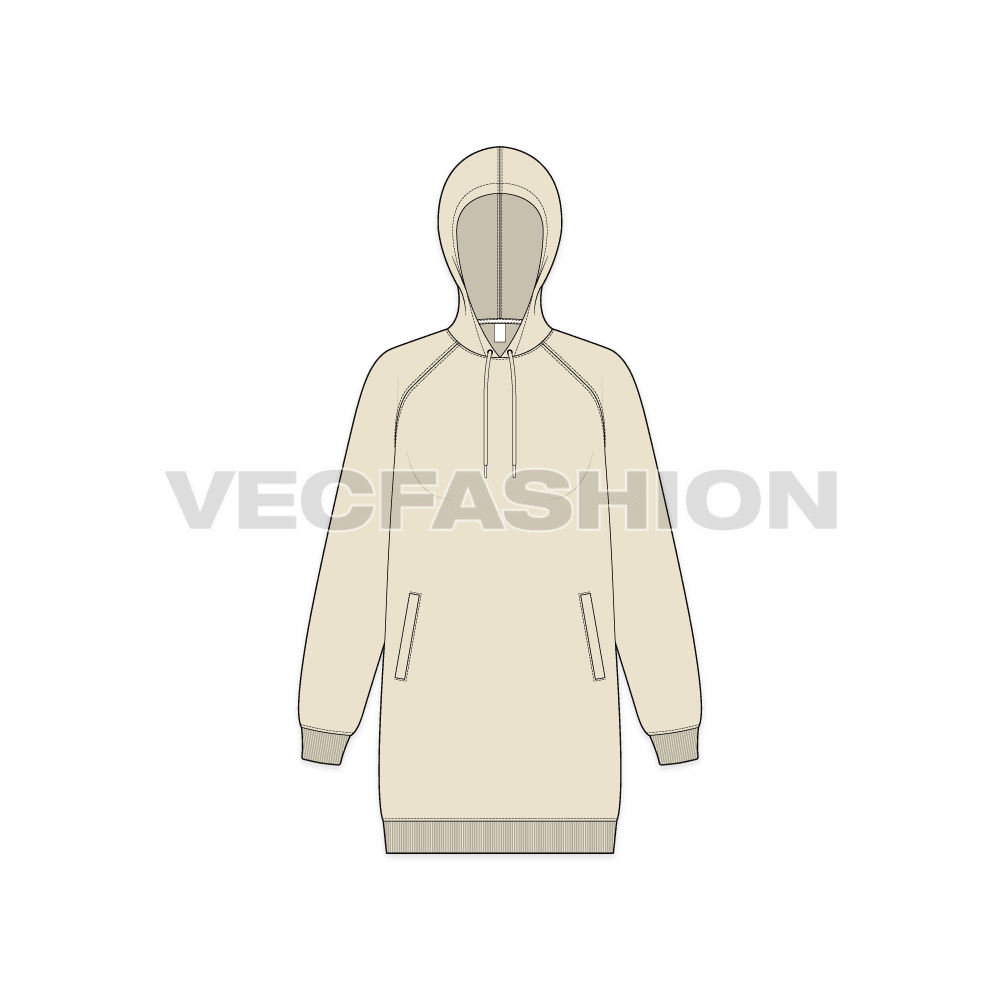 Womens long length raglan sleeve hoodie flat sketch, front view