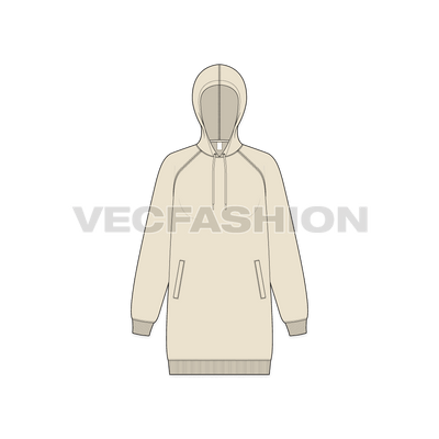 ketch template of Women's Long Length Raglan Sleeve Hoodie.