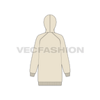 Womens long length raglan sleeve hoodie flat sketch, back view