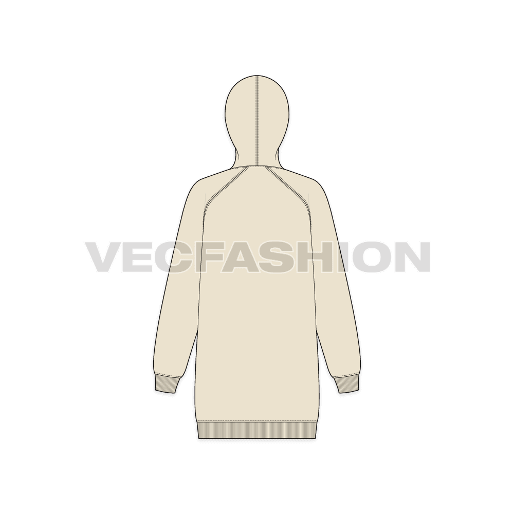 Womens long length raglan sleeve hoodie flat sketch, back view
