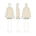 Womens long length raglan sleeve hoodie flat sketch, croqui sketch