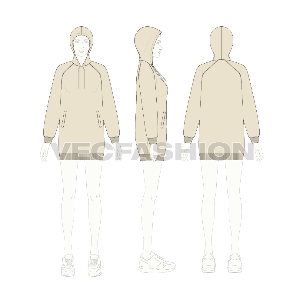 Womens long length raglan sleeve hoodie flat sketch, croqui sketch