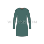 Womens long length round neck shirt flat sketch, front view