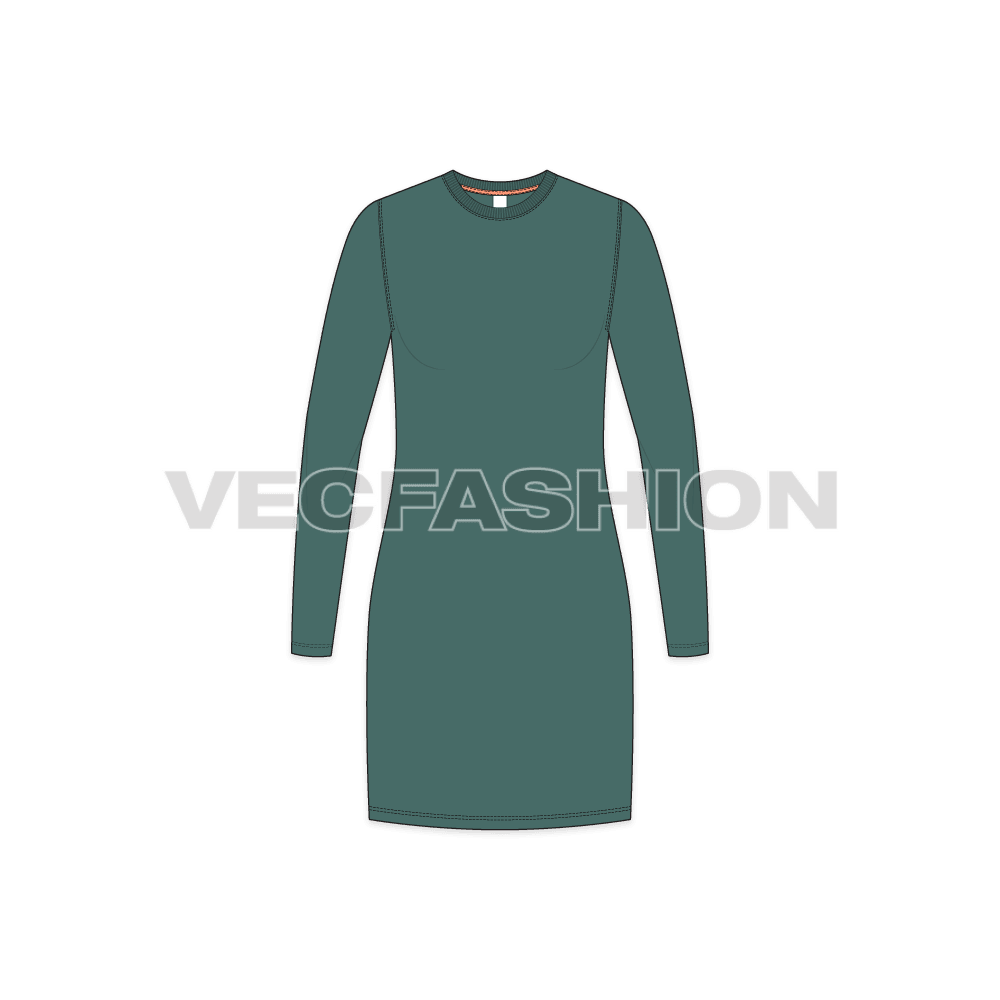 Womens long length round neck shirt flat sketch, front view