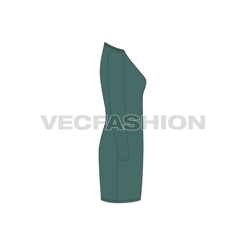 Womens long length round neck shirt flat sketch, side view