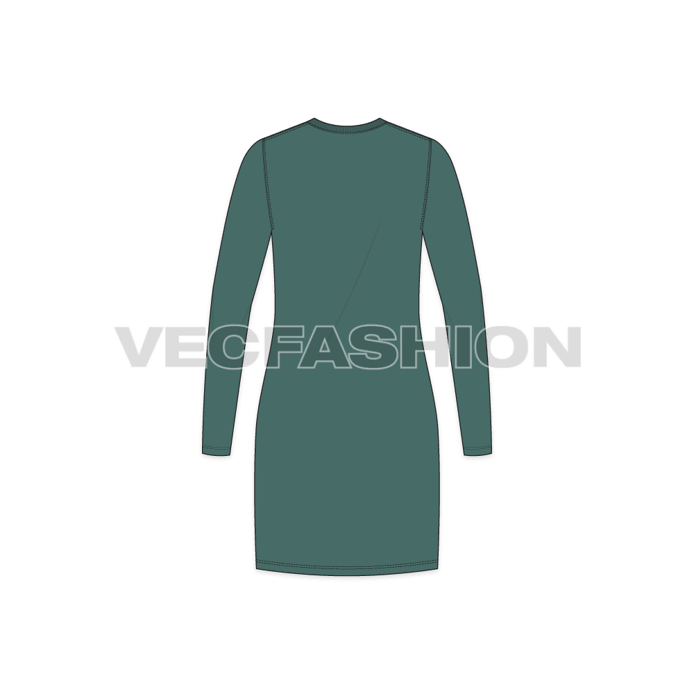 Womens long length round neck shirt flat sketch, back view