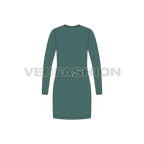 Womens long length round neck shirt flat sketch, back view