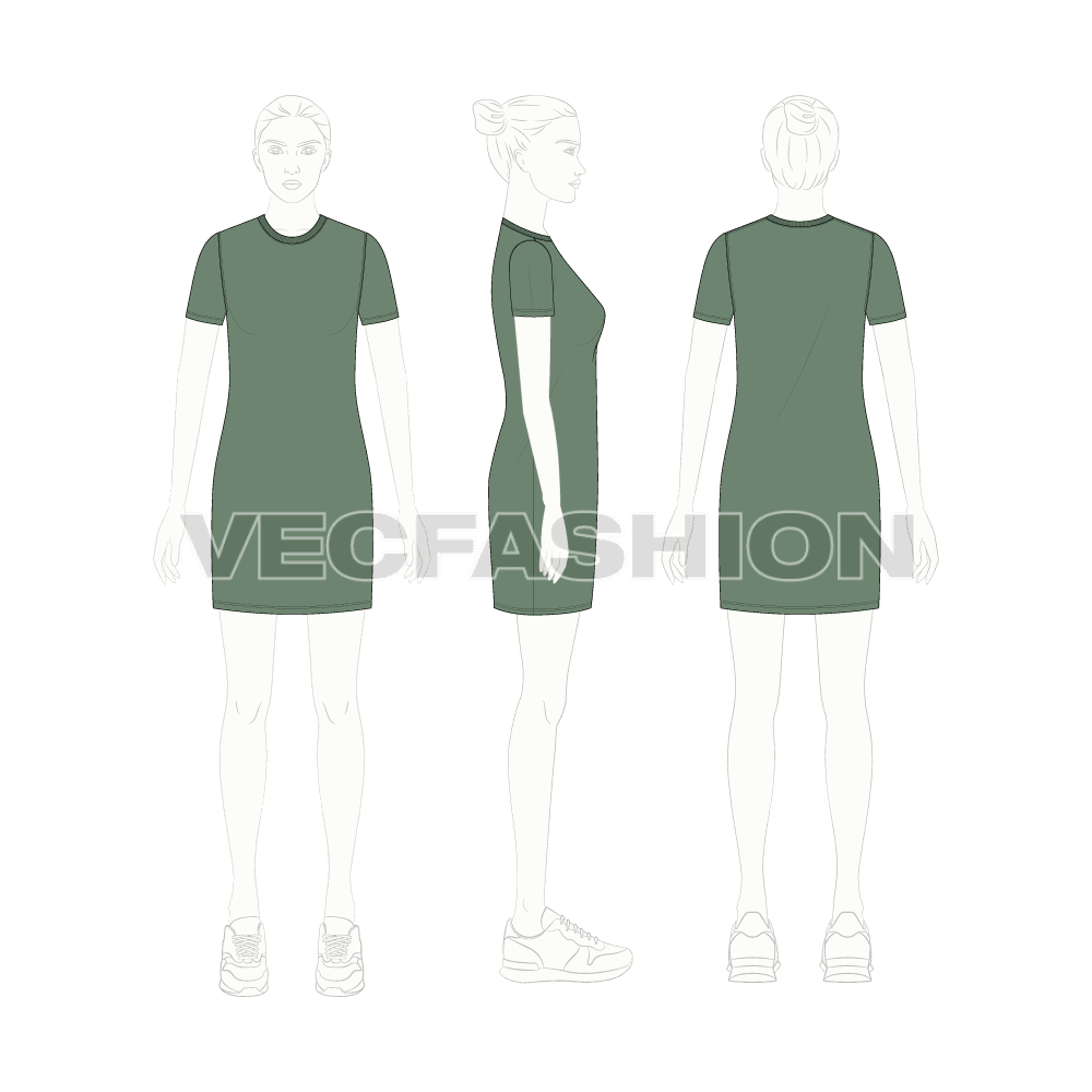 Womens long length roundneck shirt flat sketch, croqui sketch