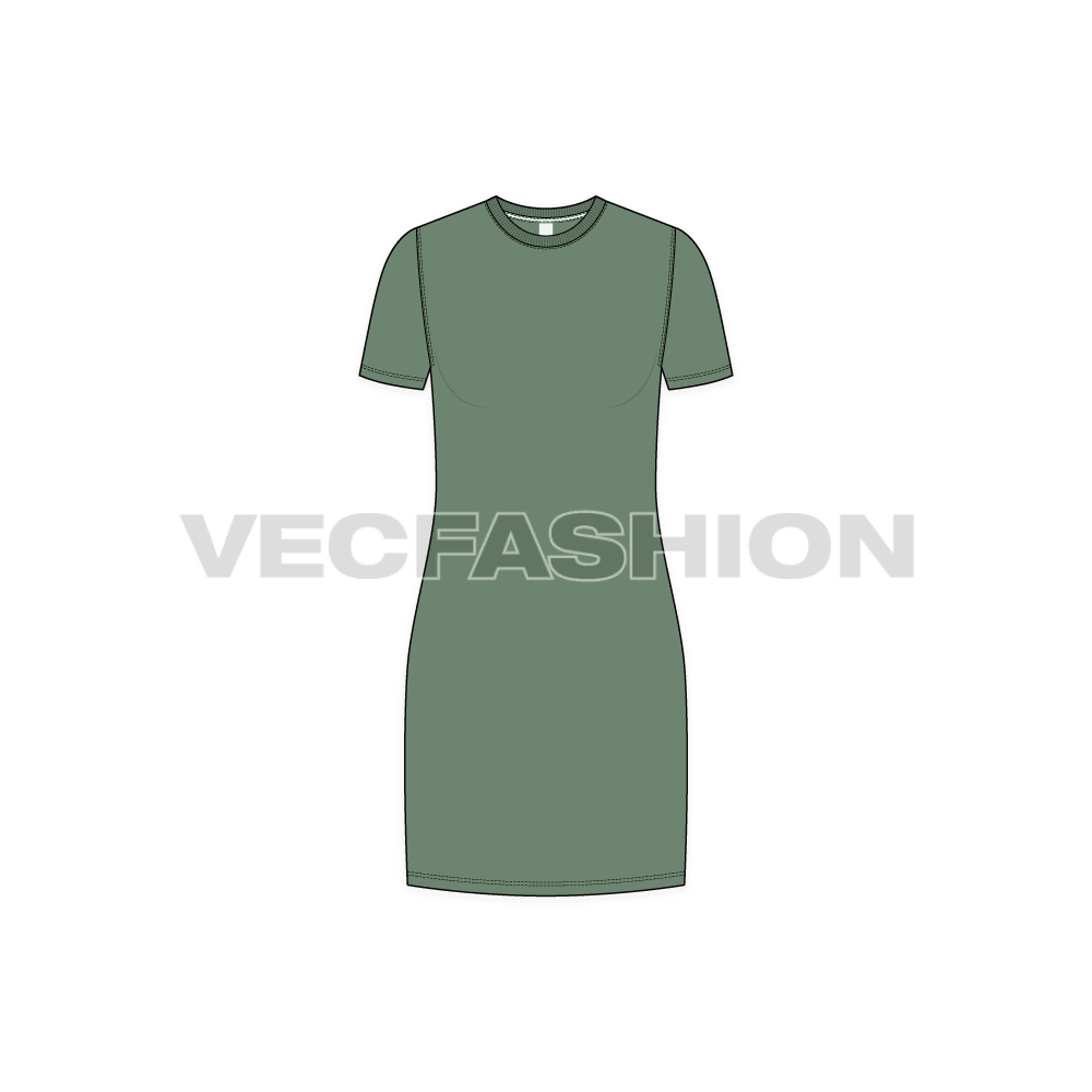 Womens long length roundneck shirt flat sketch, front view