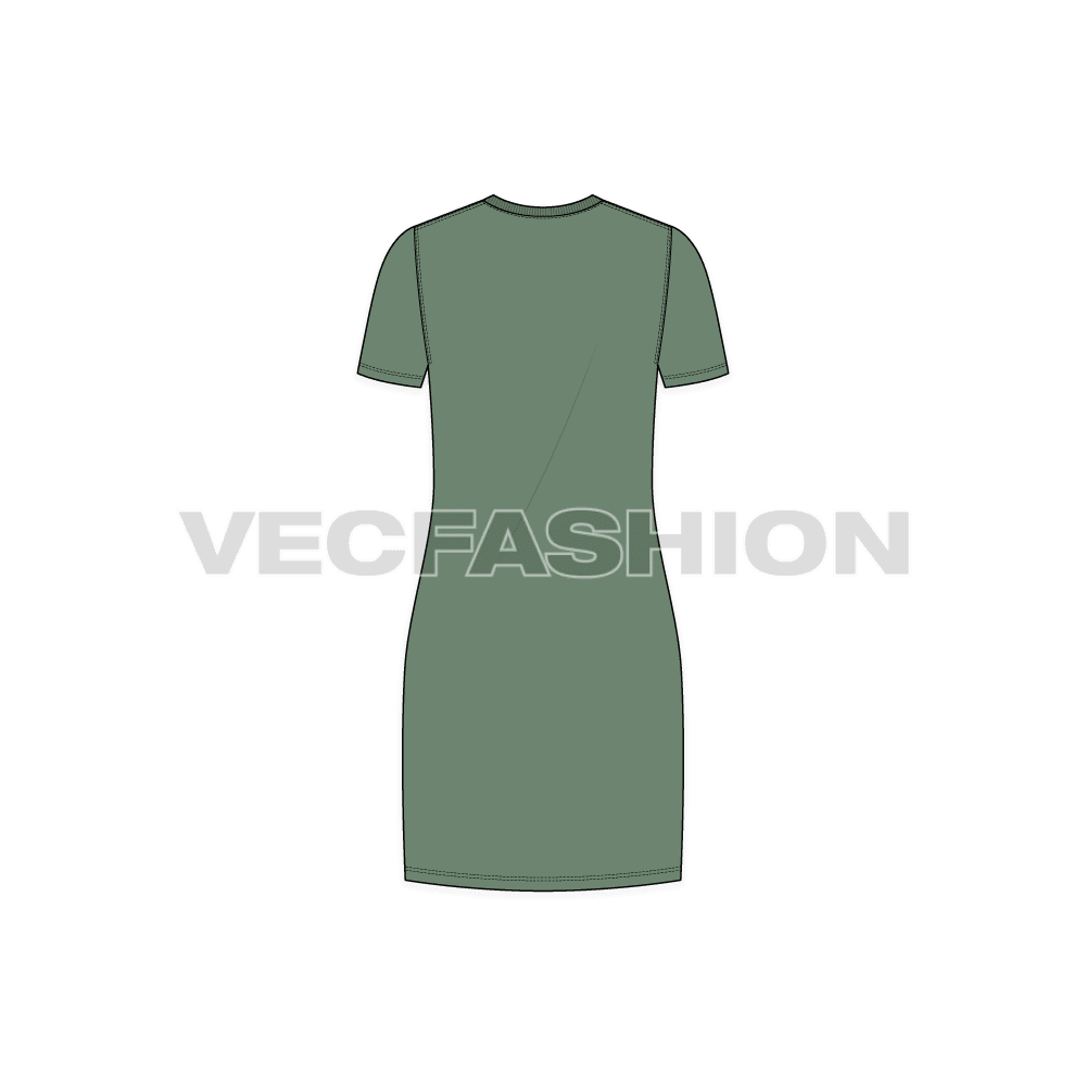 Womens long length roundneck shirt flat sketch, back view