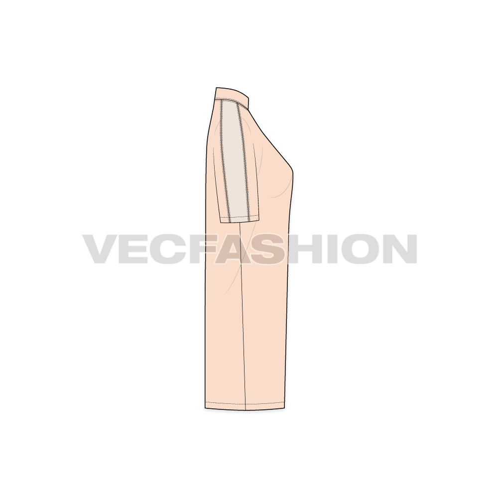 A vector illustrator clothing template for Women's Long Length Sweater. It has a contrast colored panel on side of the sleeve and mock neck collar. 