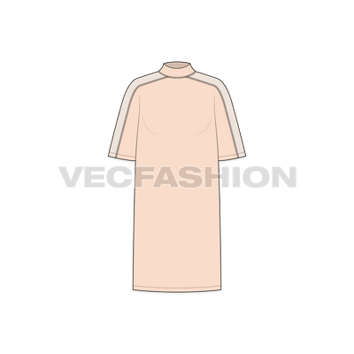 A vector illustrator clothing template for Women's Long Length Sweater. It has a contrast colored panel on side of the sleeve and mock neck collar. 