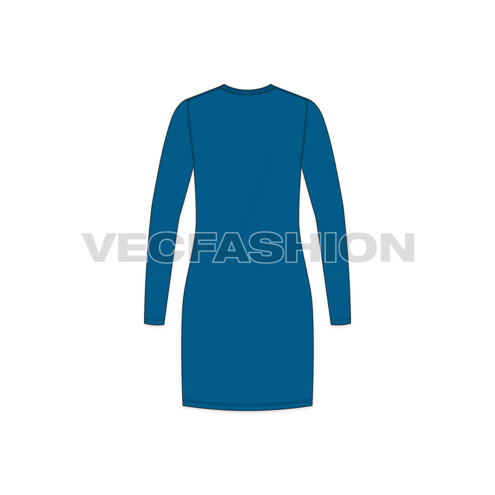 Womens long length v-neck shirt, thigh length flat sketch, back view