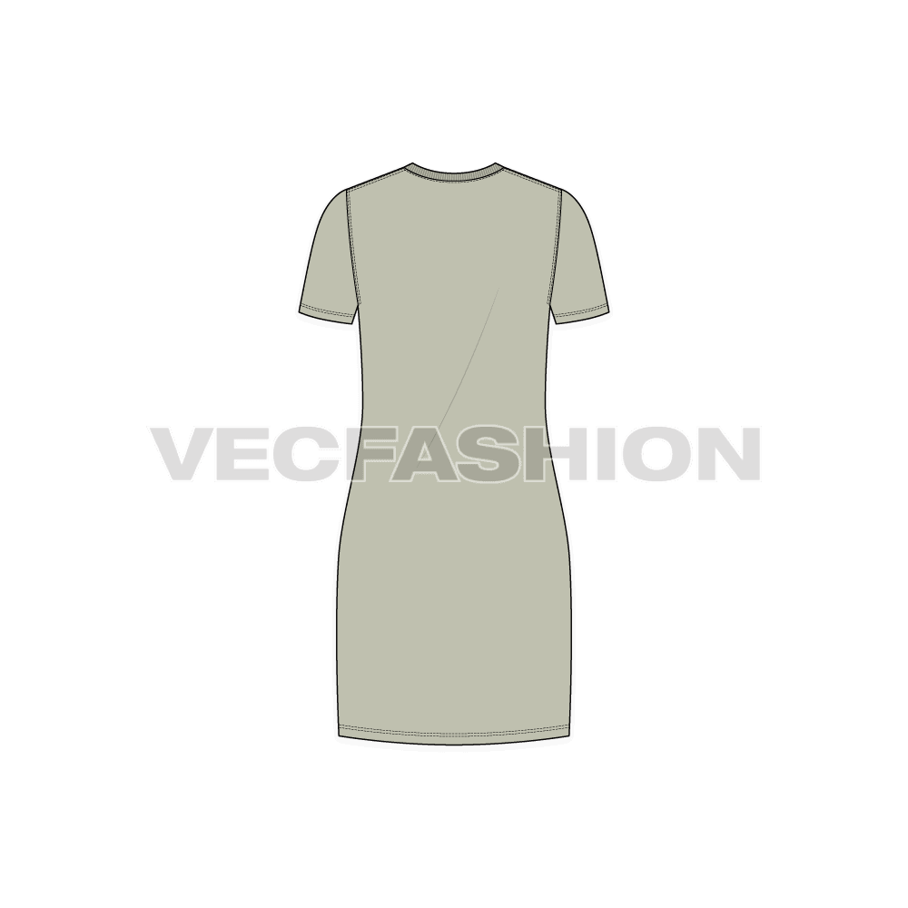 Womens long length v-neck shirt, straight cut flat sketch, back view