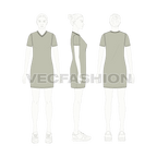 Womens long length v-neck shirt, straight cut flat sketch, croqui sketch