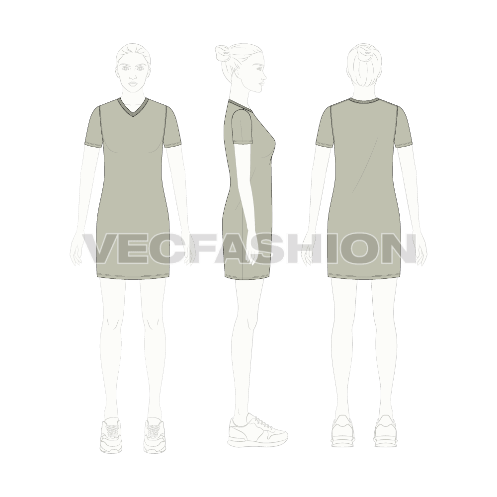 Womens long length v-neck shirt, straight cut flat sketch, croqui sketch