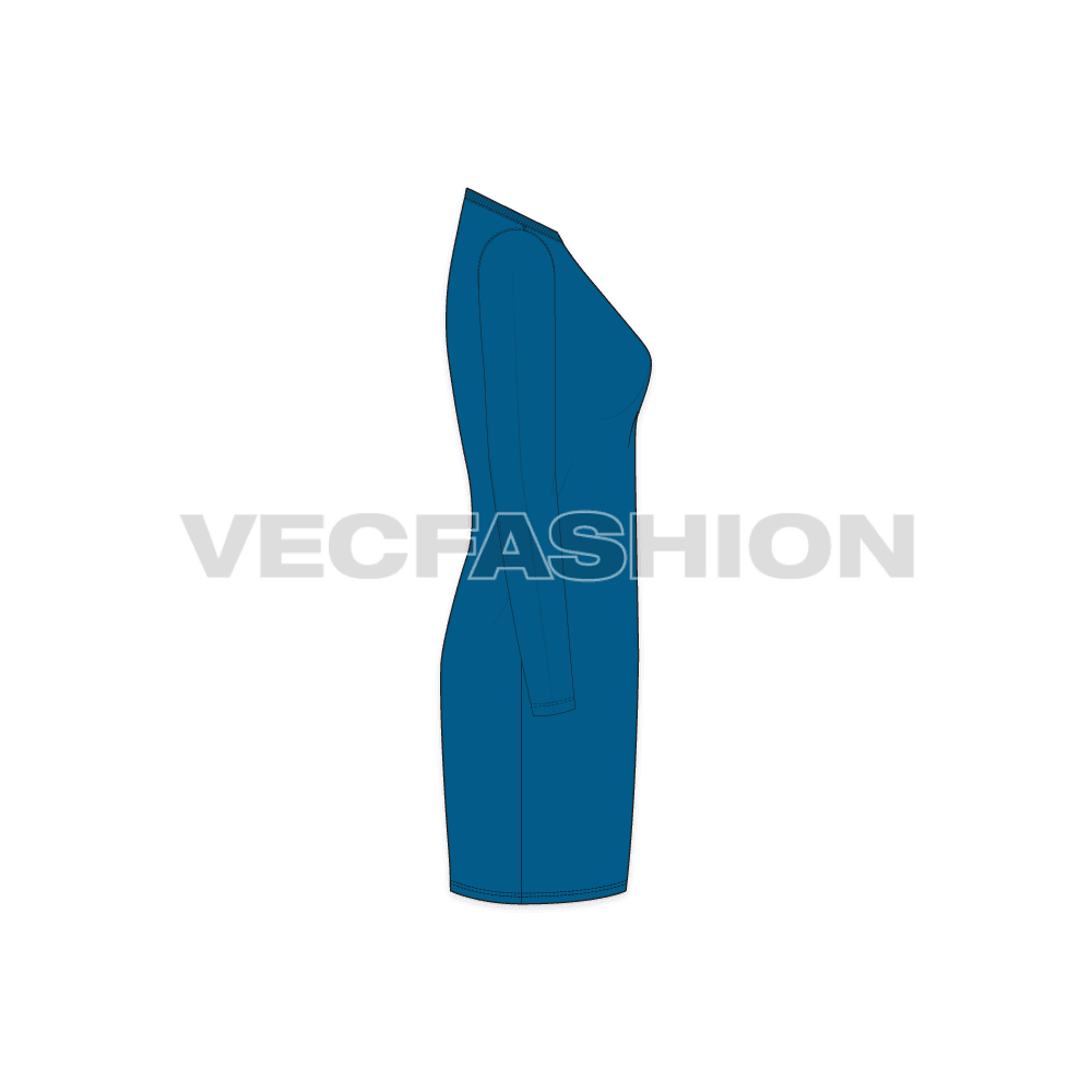 Womens long length v-neck shirt, thigh length flat sketch, side view