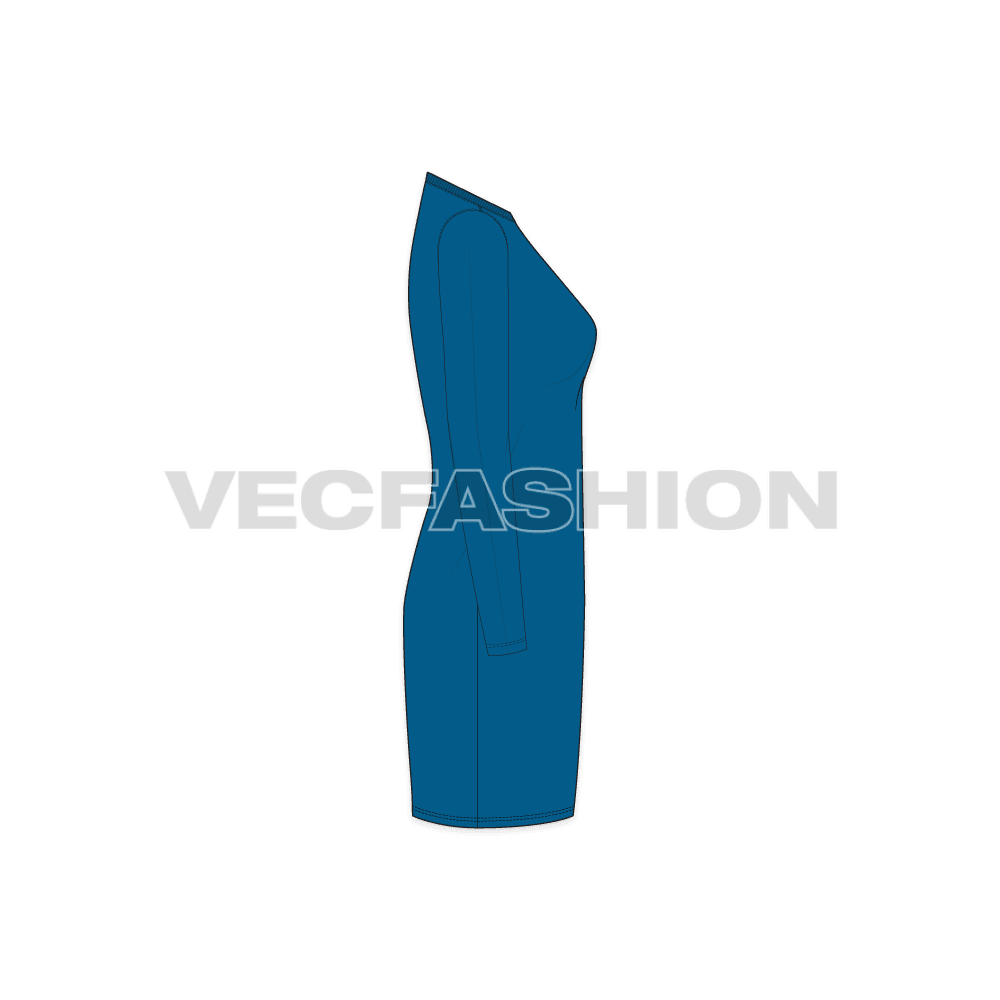 A vector fashion template for Women's Long Length V-neck Shirt. It has a ribbed neckline with neck tag and seam tape detailing. The length is coming till thigh level