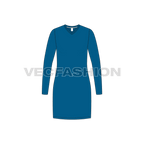 Womens long length v-neck shirt, thigh length flat sketch, front view
