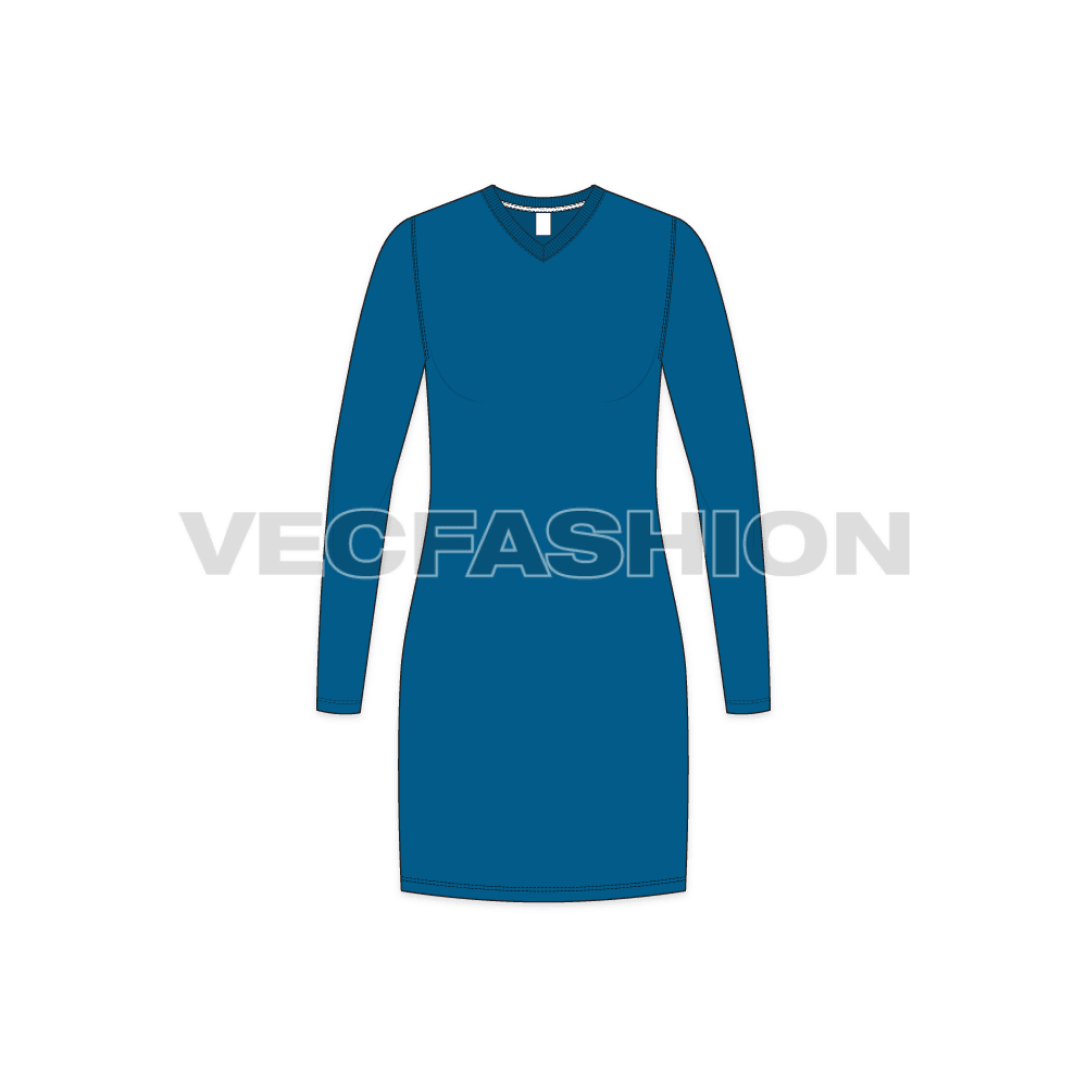 Womens long length v-neck shirt, thigh length flat sketch, front view