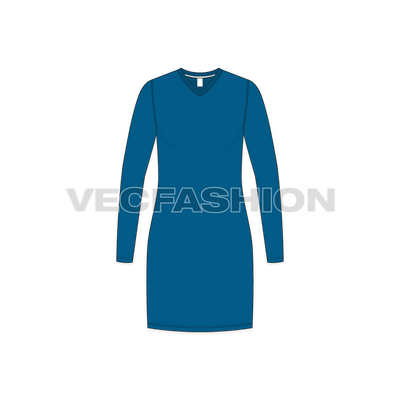 A vector fashion template for Women's Long Length V-neck Shirt. It has a ribbed neckline with neck tag and seam tape detailing. The length is coming till thigh level