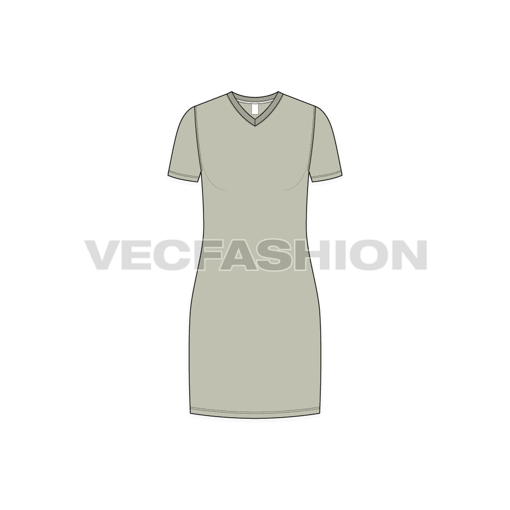 Womens long length v-neck shirt, straight cut flat sketch, front view