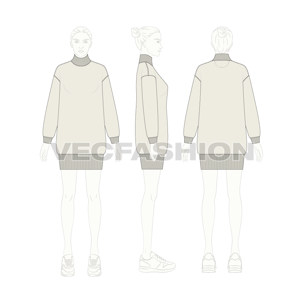 Womens long mock neck sweatshirt flat sketch, croqui sketch