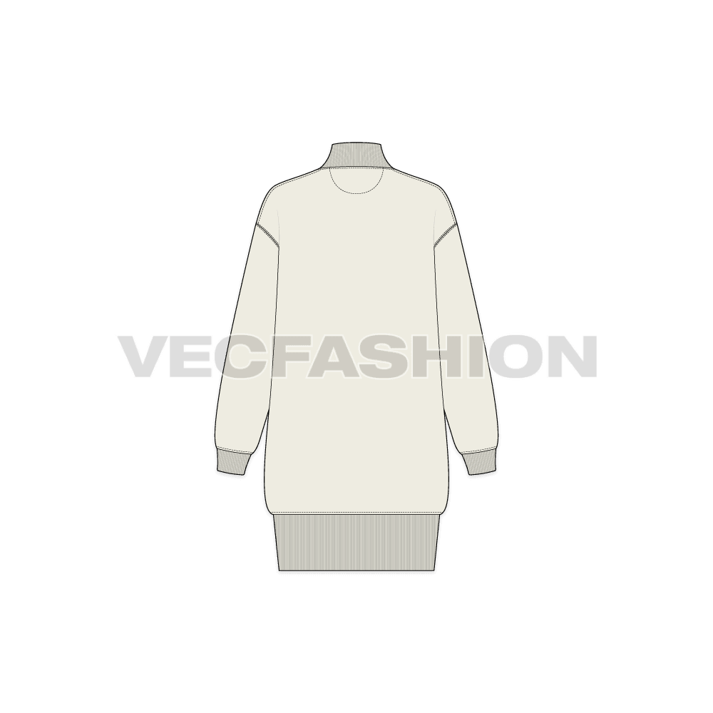 Womens long mock neck sweatshirt flat sketch, back view