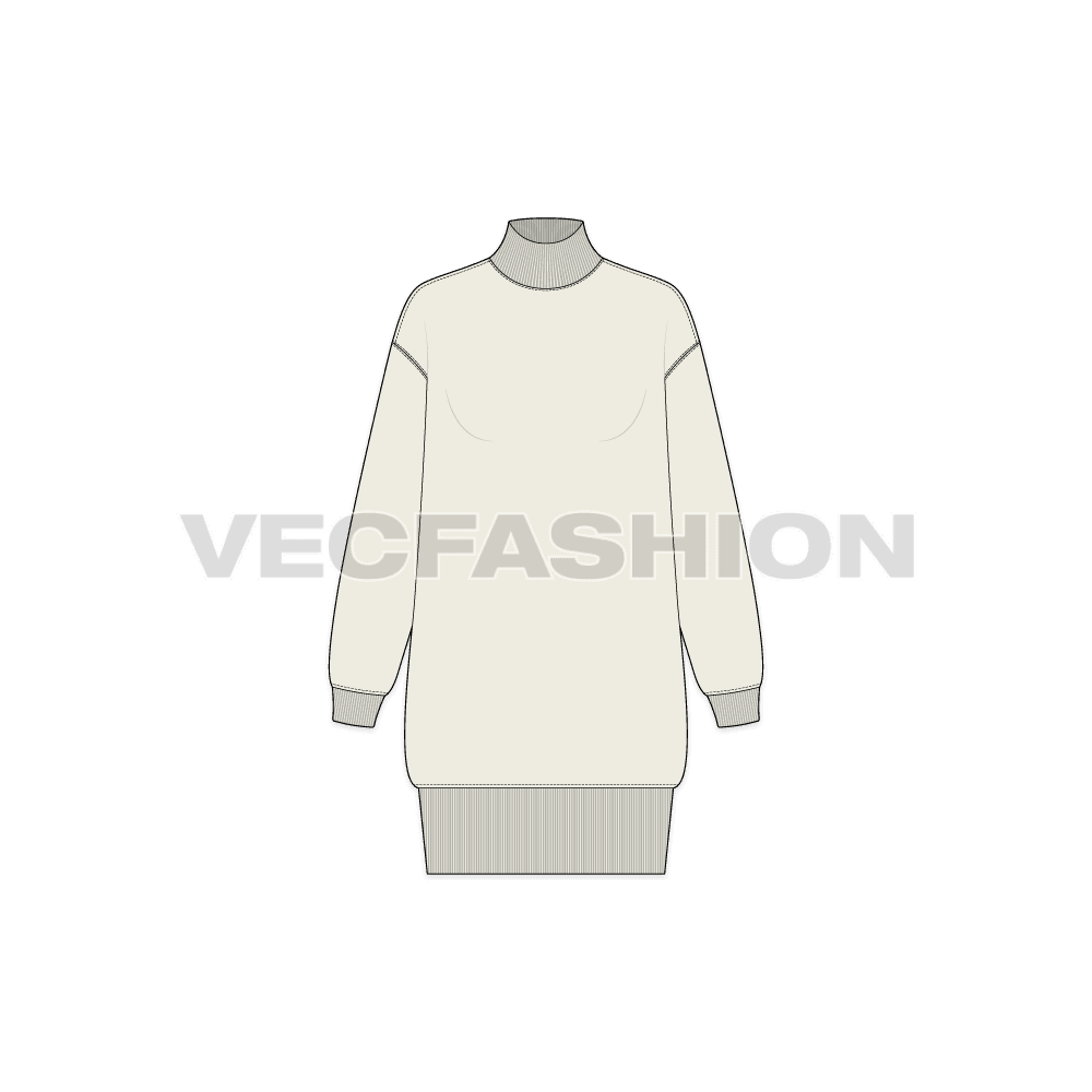 Womens long mock neck sweatshirt flat sketch, front view
