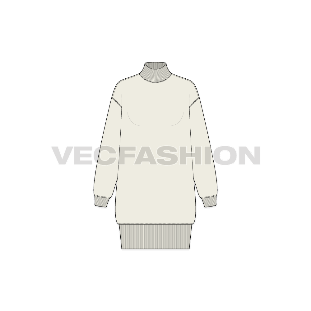 A modern styled sporty Women's Long Mock Neck Sweatshirt, it is a vector fashion template created in adobe illustrator. This vector sweatshirt have thick rib on neck,  bottom hem and sleeve cuffs.
