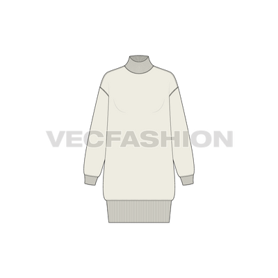 A modern styled sporty Women's Long Mock Neck Sweatshirt, it is a vector fashion template created in adobe illustrator. This vector sweatshirt have thick rib on neck,  bottom hem and sleeve cuffs.