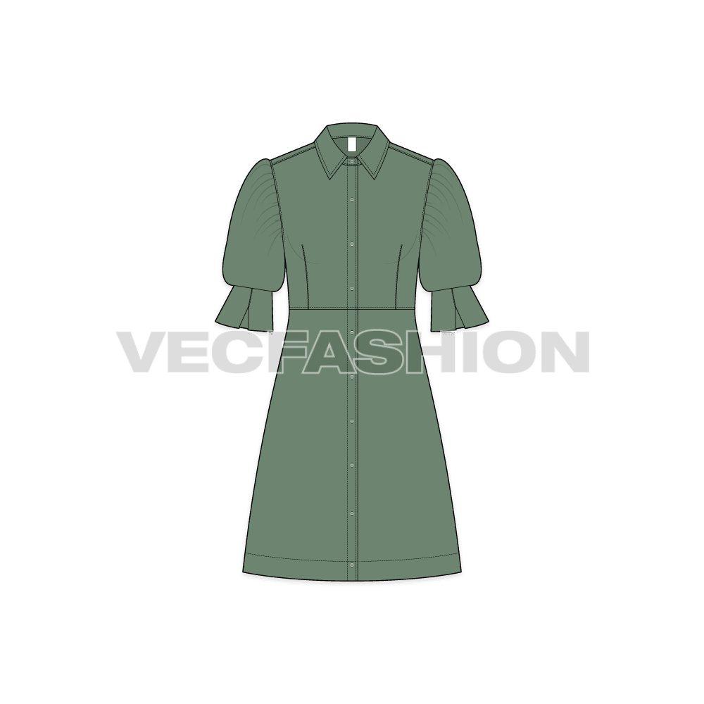 Womens long shirt dress with blouse sleeves flat sketch, front view