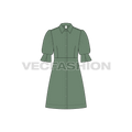 Womens long shirt dress with blouse sleeves flat sketch, front view