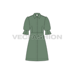 Womens long shirt dress with blouse sleeves flat sketch, front view